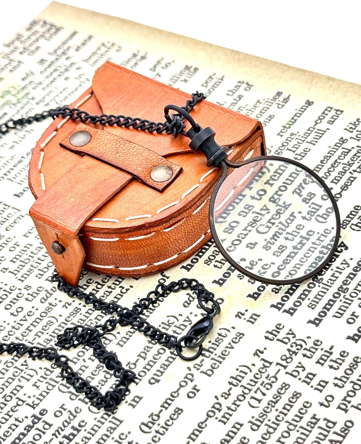 Antique Brass Pendant Magnifier 2" with 15" Chain and Leather Box view 2
