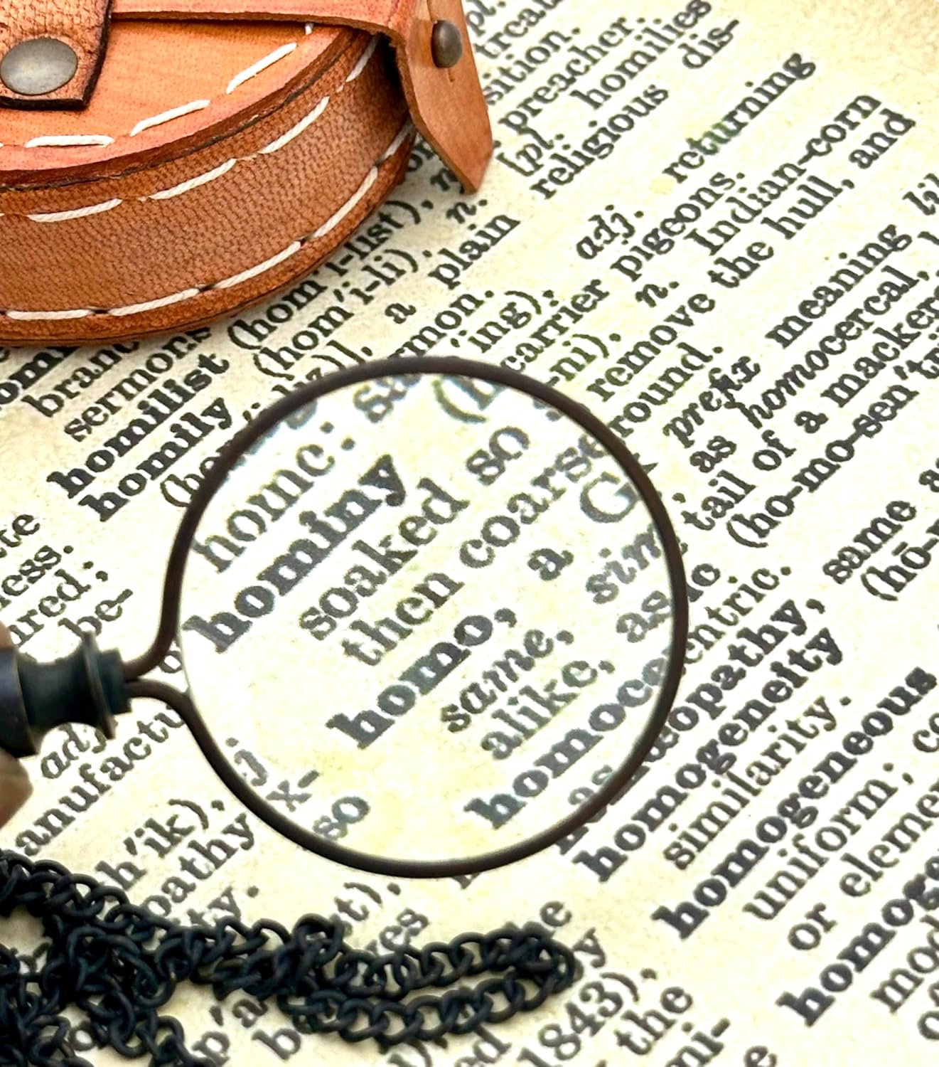 Antique Brass Pendant Magnifier 2" with 15" Chain and Leather Box view 6