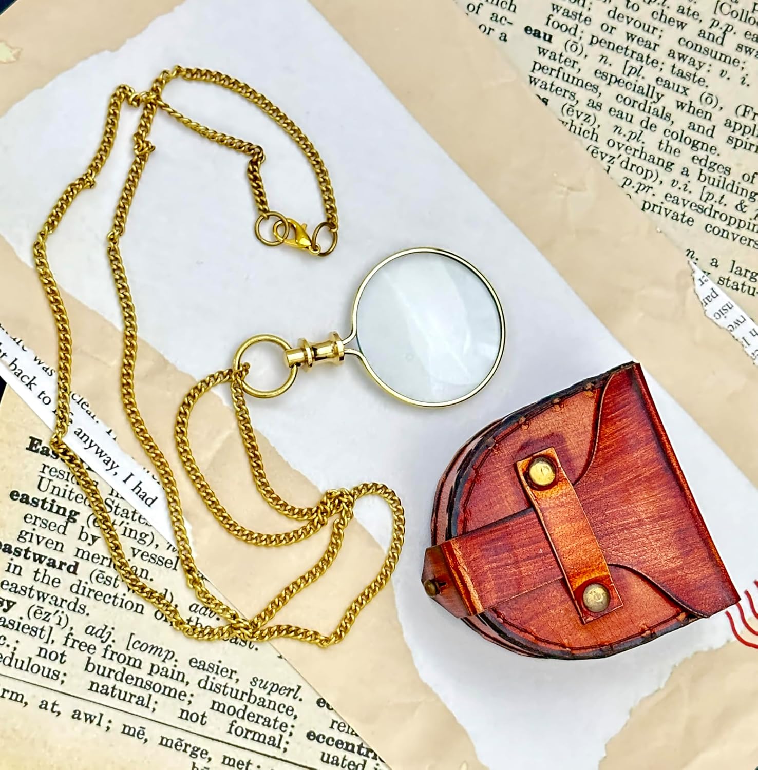 Antique Brass Pendant Magnifier 2" with 15" Chain and Leather Box view 9