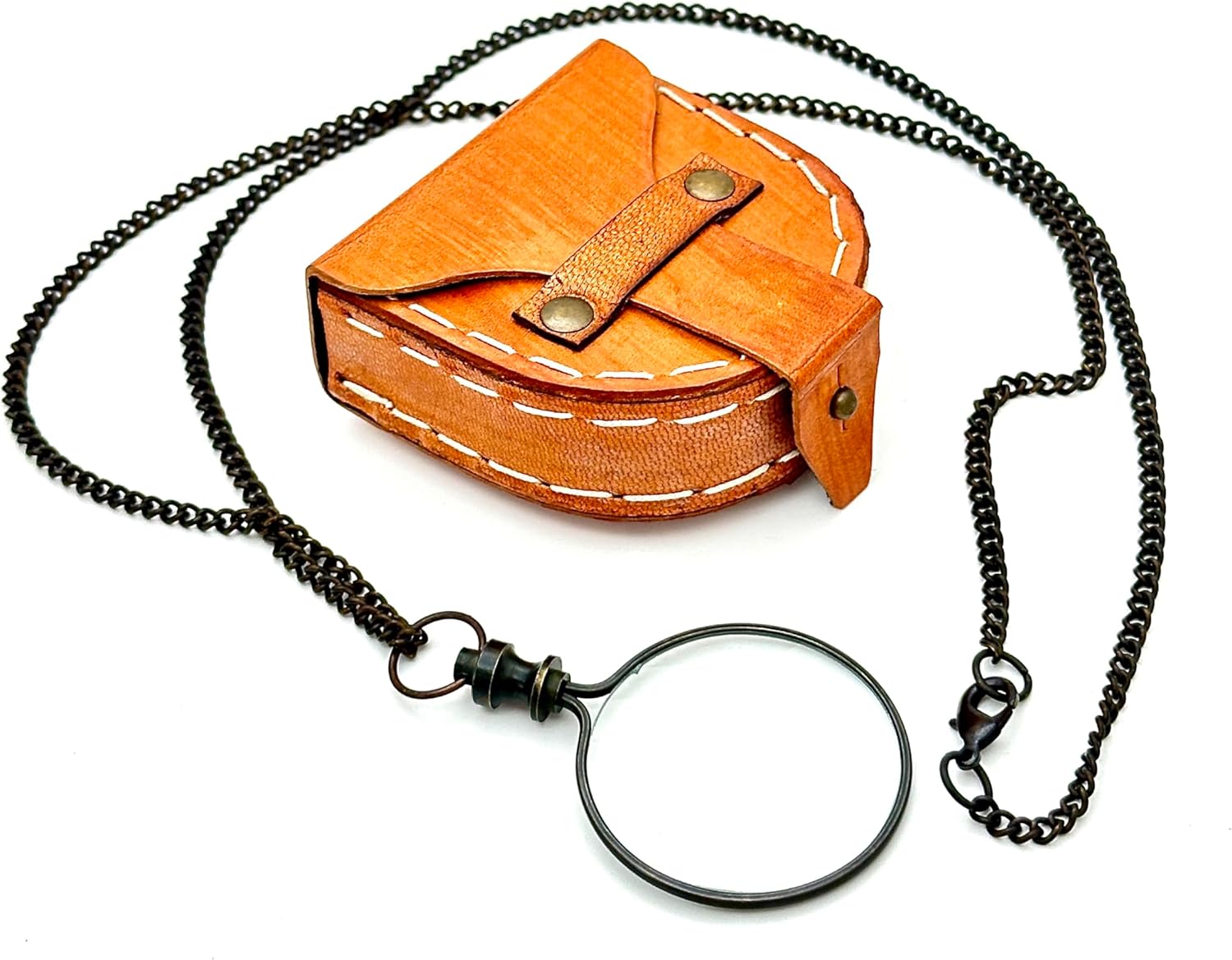 Antique Brass Pendant Magnifier 2" with 15" Chain and Leather Box view 10