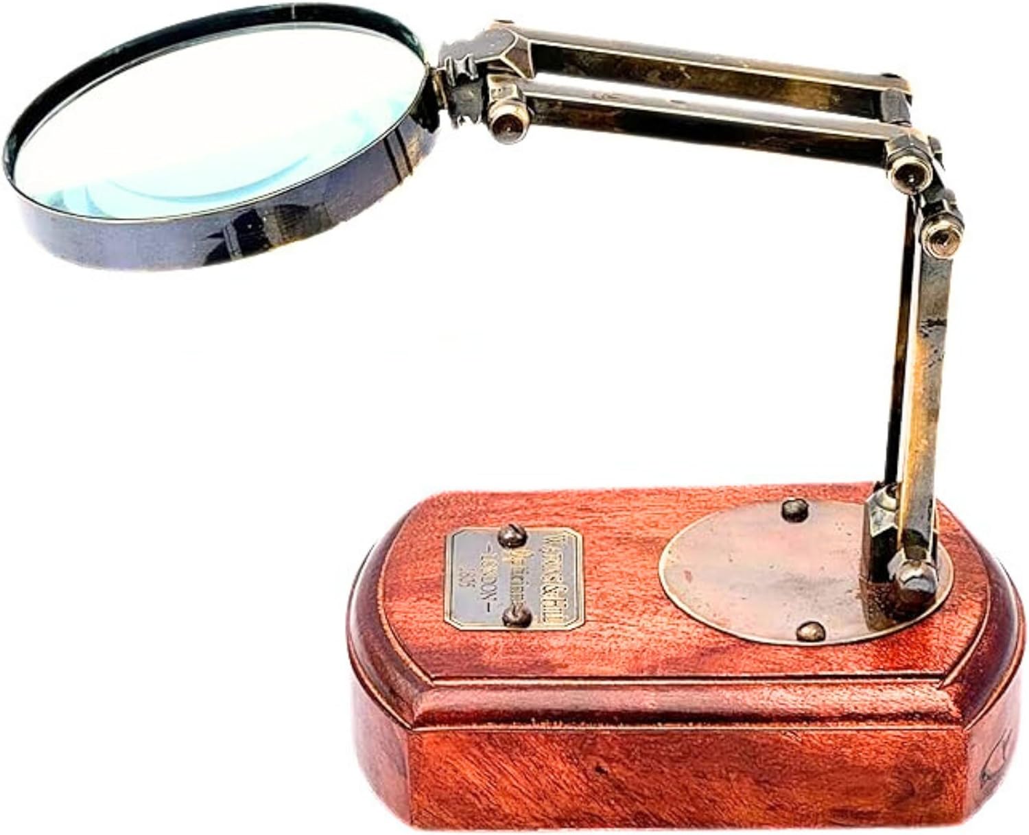 Antique Brass Magnifier 3.5" on Adjustable Wooden Stand with Three-Hinge Movement view 4