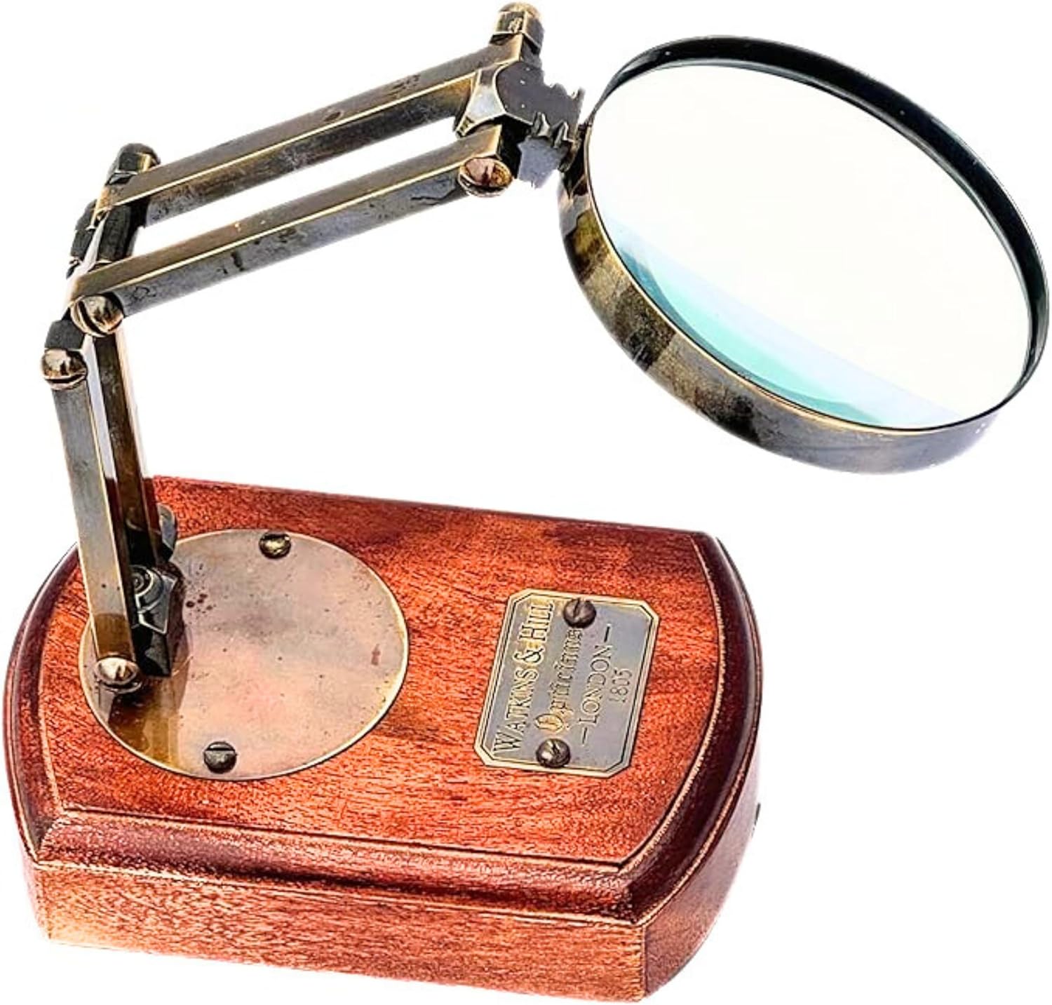 Antique Brass Magnifier 3.5" on Adjustable Wooden Stand with Three-Hinge Movement view 8