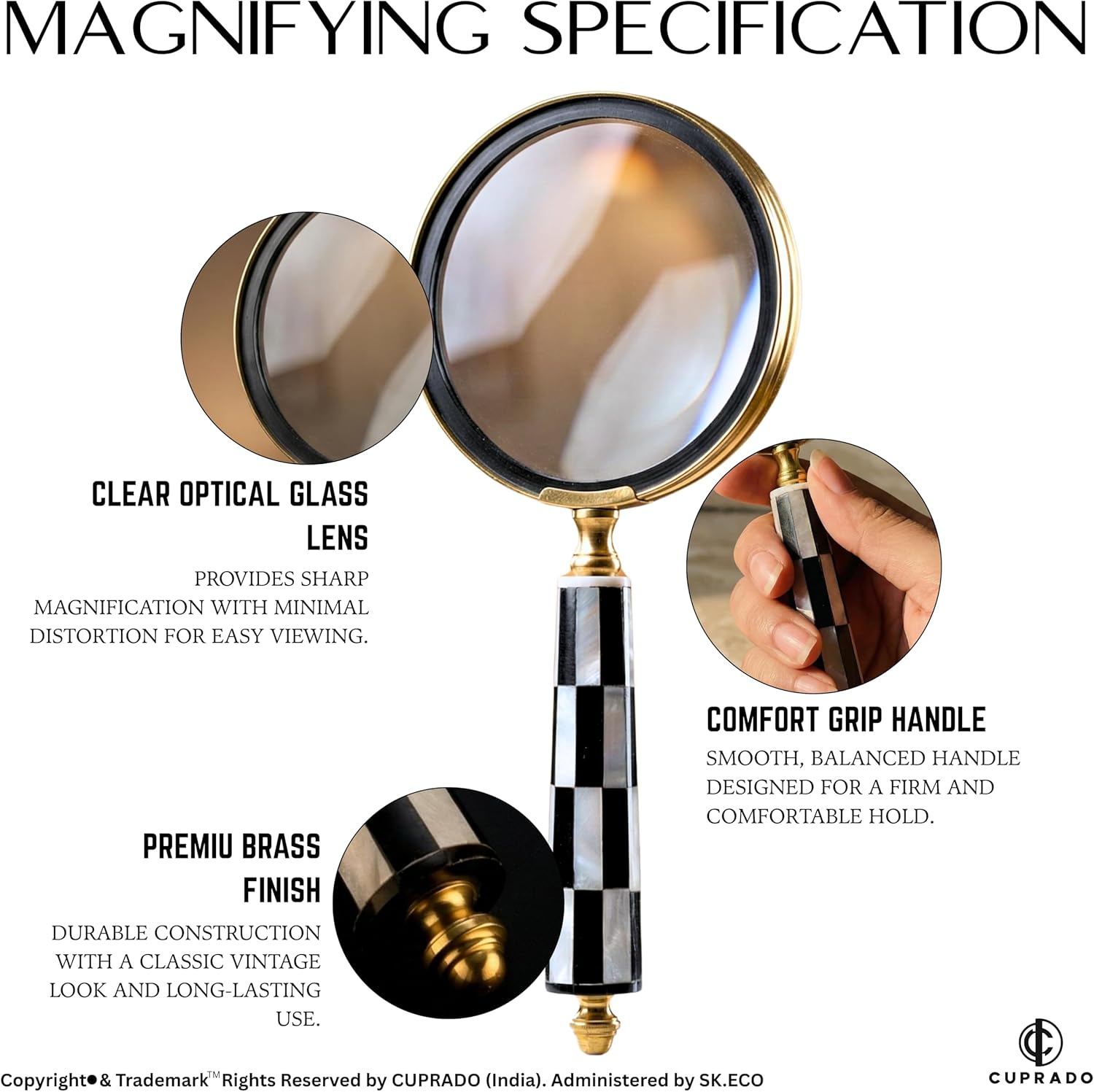 Brass Handheld Magnifier 3.5" with Vintage Handle Profile view 3