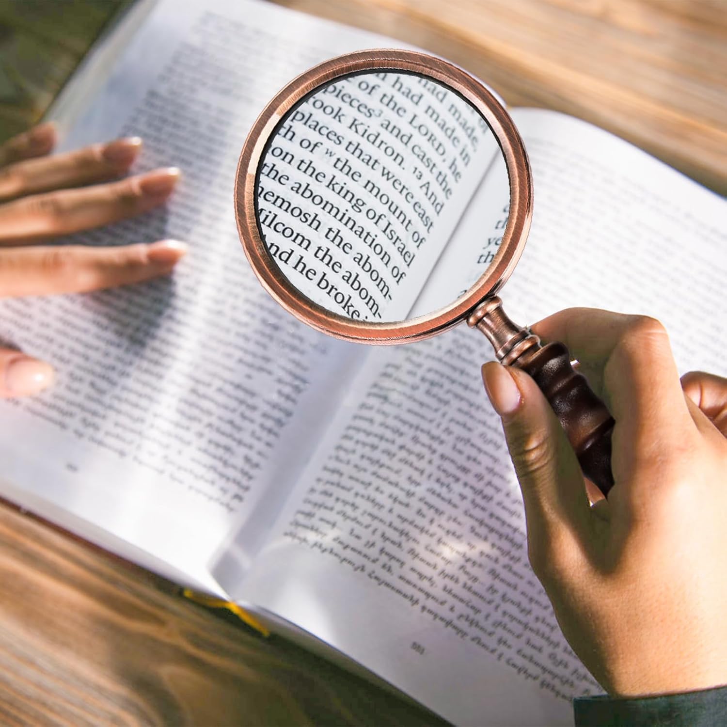 Brass Handheld Magnifier 3.5" with Copper Finish Frame and Wooden Handle view 7