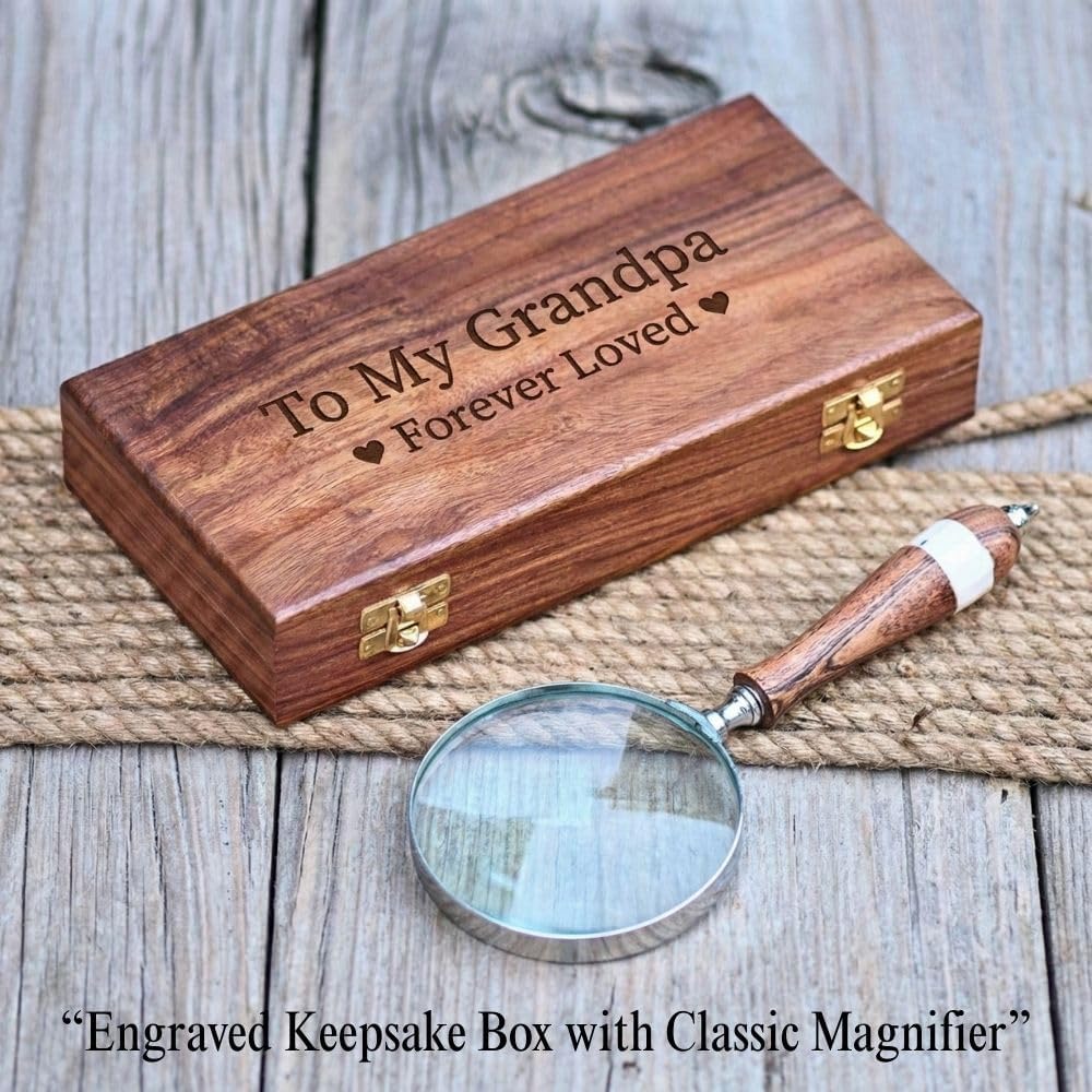 Vintage Brass Handheld Magnifier 3.5" with Wooden Handle and Wooden Box view 2