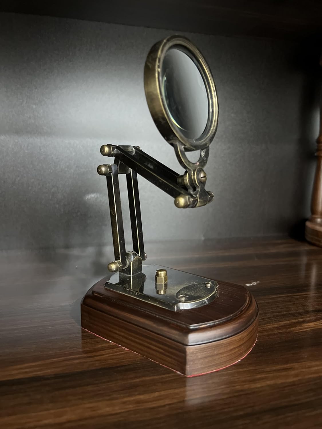 Antique Brass Magnifier 3.5" on Three-Hinge Adjustable Wooden Stand view 5
