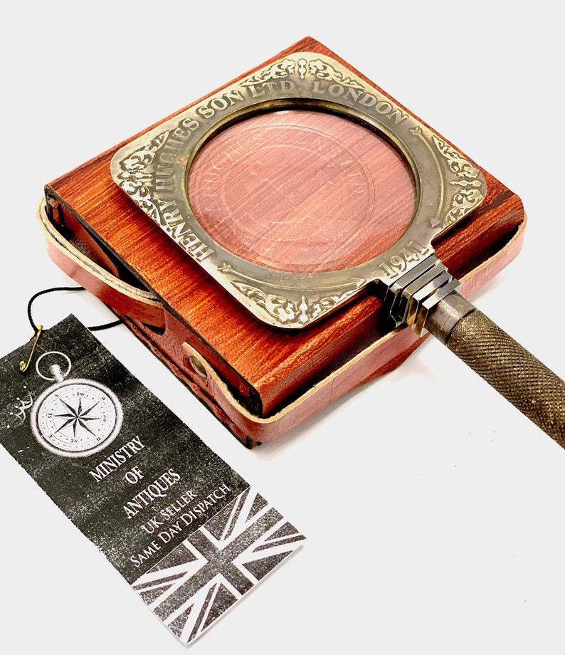 Foldable All-Brass Square Lens Magnifier 2.75" with Red Leather Sling Case view 4