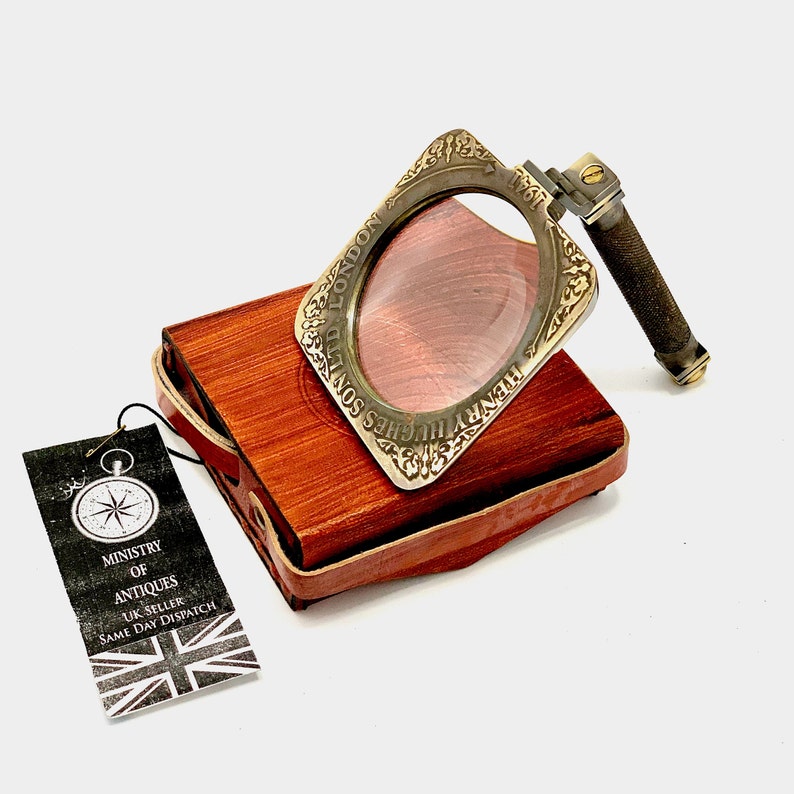 Foldable All-Brass Square Lens Magnifier 2.75" with Red Leather Sling Case view 6