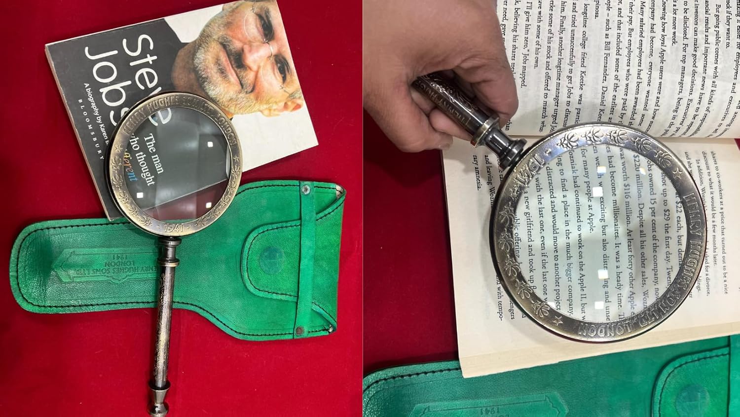 Solid Brass Handheld Magnifier 3" with Green Leather Case view 2