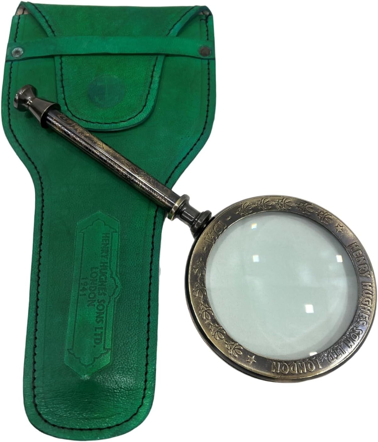 Solid Brass Handheld Magnifier 3" with Green Leather Case view 3
