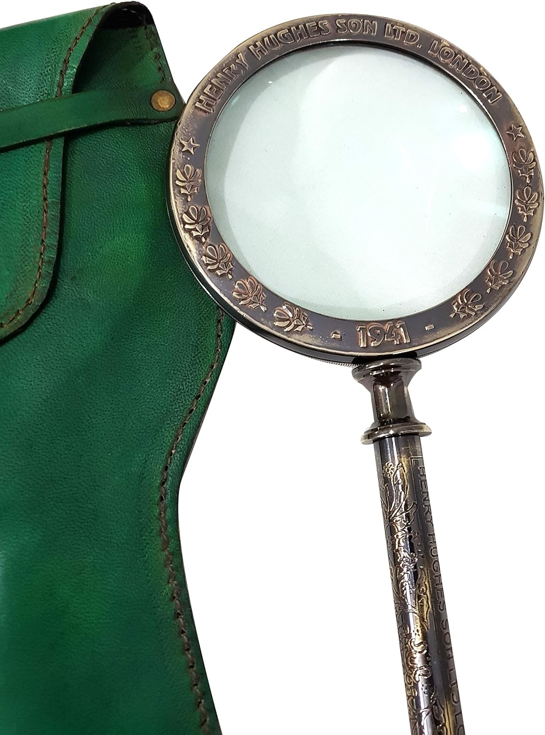 Solid Brass Handheld Magnifier 3" with Green Leather Case view 5