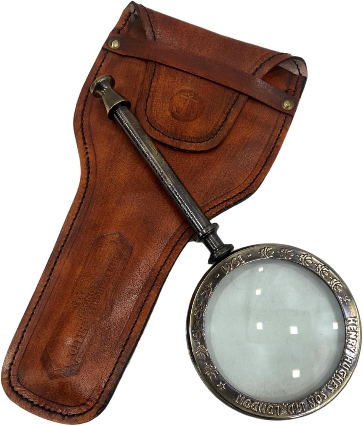 Solid Brass Handheld Magnifier 3" with Green Leather Case view 8