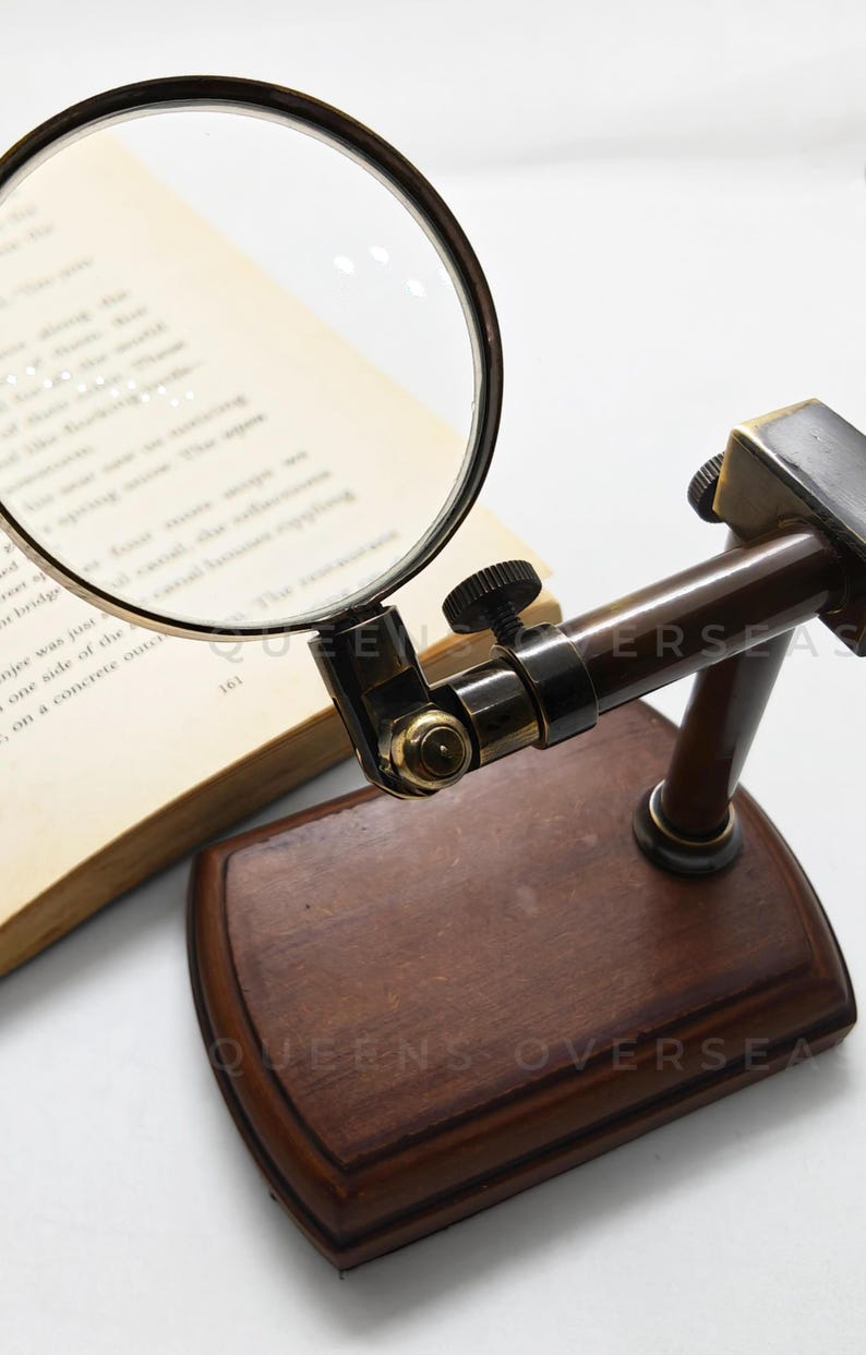 All-Brass Magnifier 2.5" on Extendable Arm MDF Wood Base Stand view 2