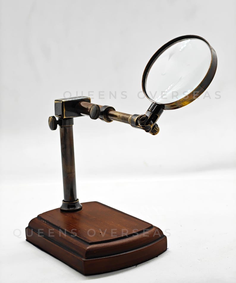 All-Brass Magnifier 2.5" on Extendable Arm MDF Wood Base Stand view 3