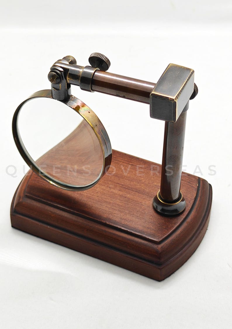 All-Brass Magnifier 2.5" on Extendable Arm MDF Wood Base Stand view 5