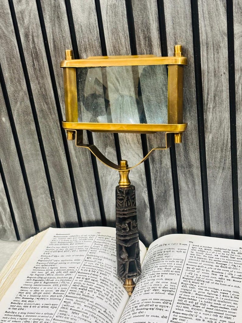 All-Brass Handheld Magnifier 5" with Rectangular Lens and Wooden Handle view 5