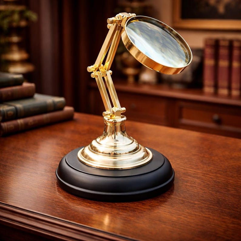 Polished Brass Magnifier 3" on Wooden Stand Base view 3
