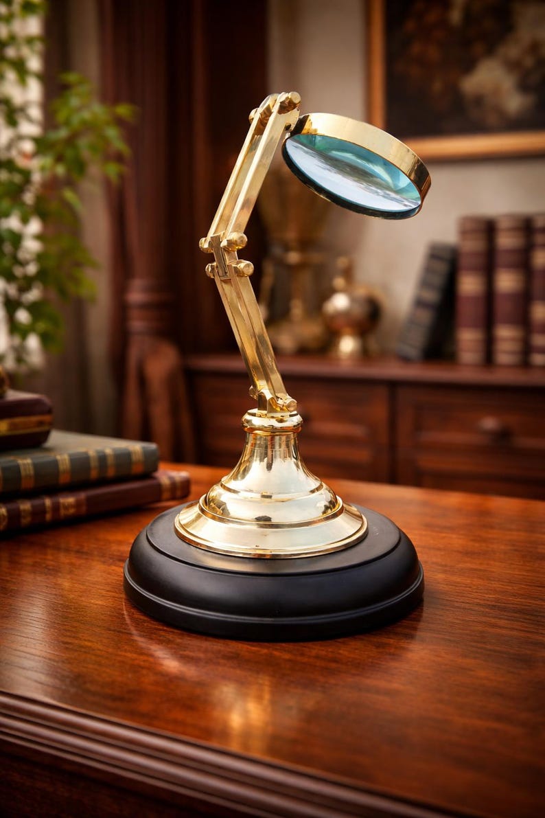 Polished Brass Magnifier 3" on Wooden Stand Base view 8