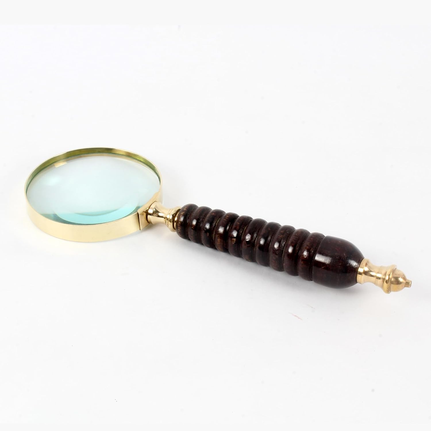 All-Brass Polished Handheld Magnifier 3.5" with Dark Brown Wooden Handle view 5