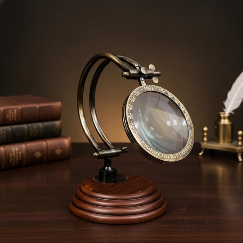 All-Brass Magnifier 3.5" on Adjustable Wooden Stand view 5
