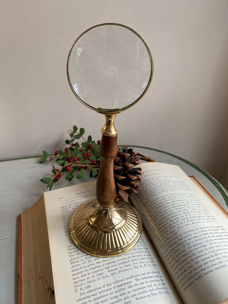 Brass and Wood Tabletop Magnifier 3.5" on Wooden Stand view 2