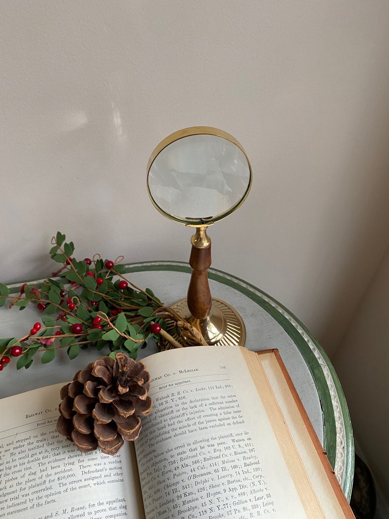 Brass and Wood Tabletop Magnifier 3.5" on Wooden Stand view 4