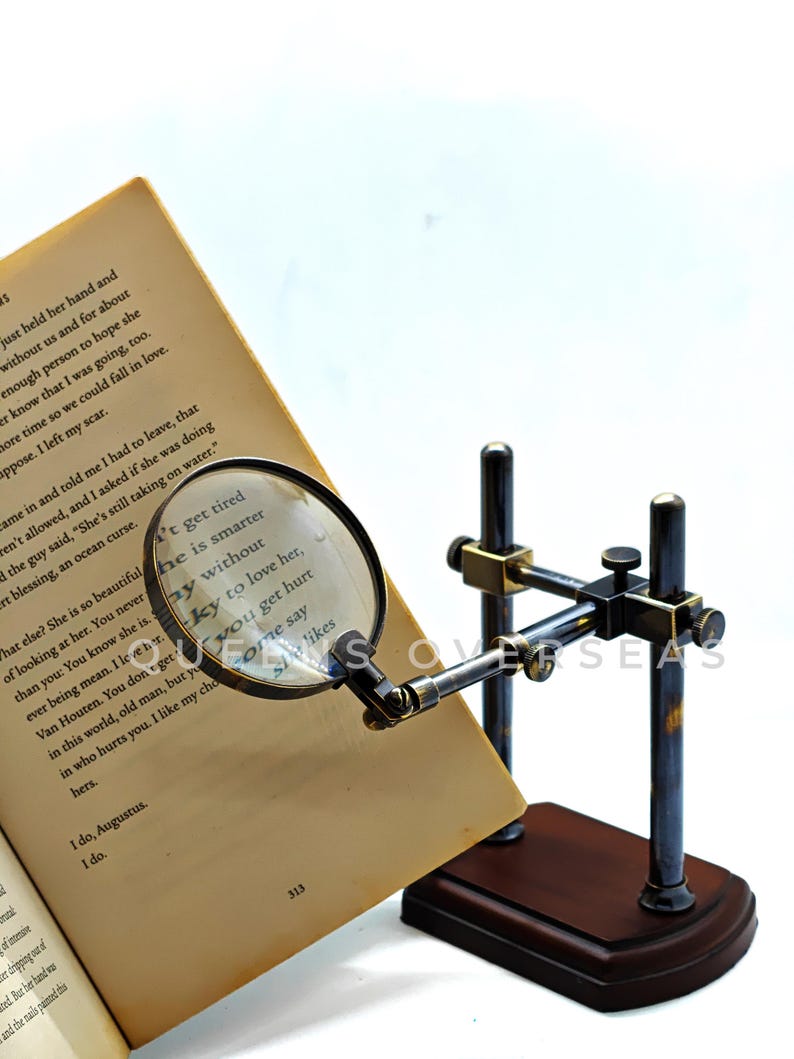 All-Brass Magnifier 2.5" on Extendable Arm Wooden Base Stand view 2