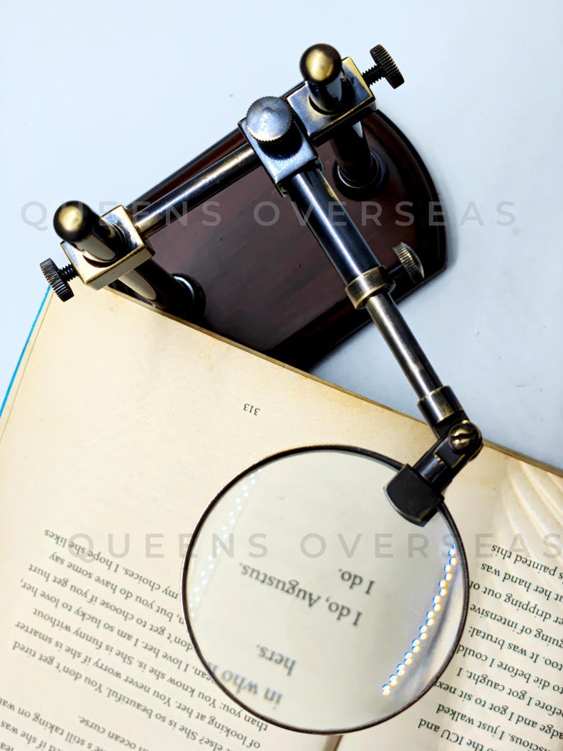 All-Brass Magnifier 2.5" on Extendable Arm Wooden Base Stand view 3