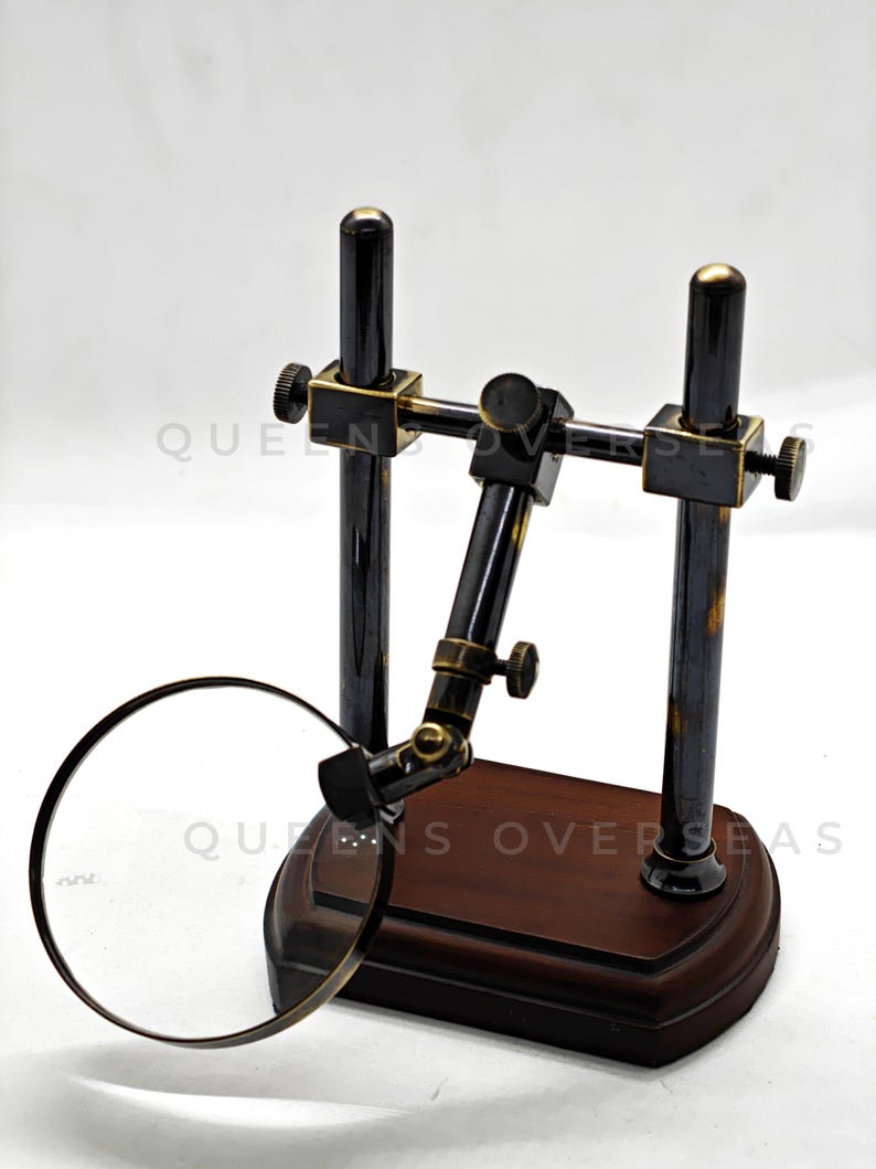 All-Brass Magnifier 2.5" on Extendable Arm Wooden Base Stand view 4