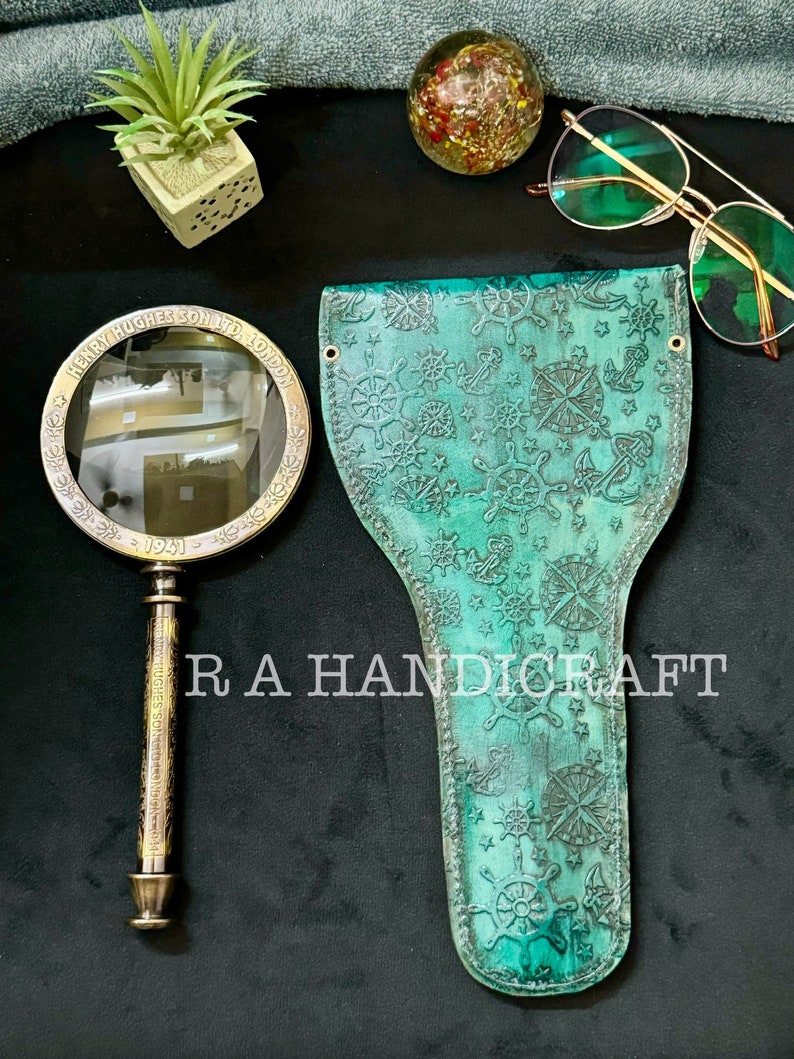 Solid Brass Handheld Magnifier 3" with Engraved Floral Green Leather Case view 3