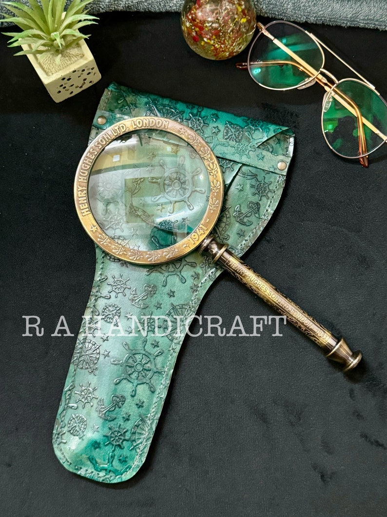 Solid Brass Handheld Magnifier 3" with Engraved Floral Green Leather Case view 9