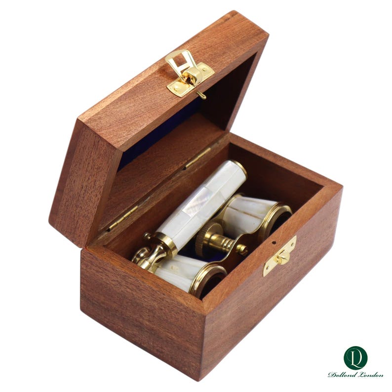 Brass Opera Glasses with Wooden Box — White Pearl view 9