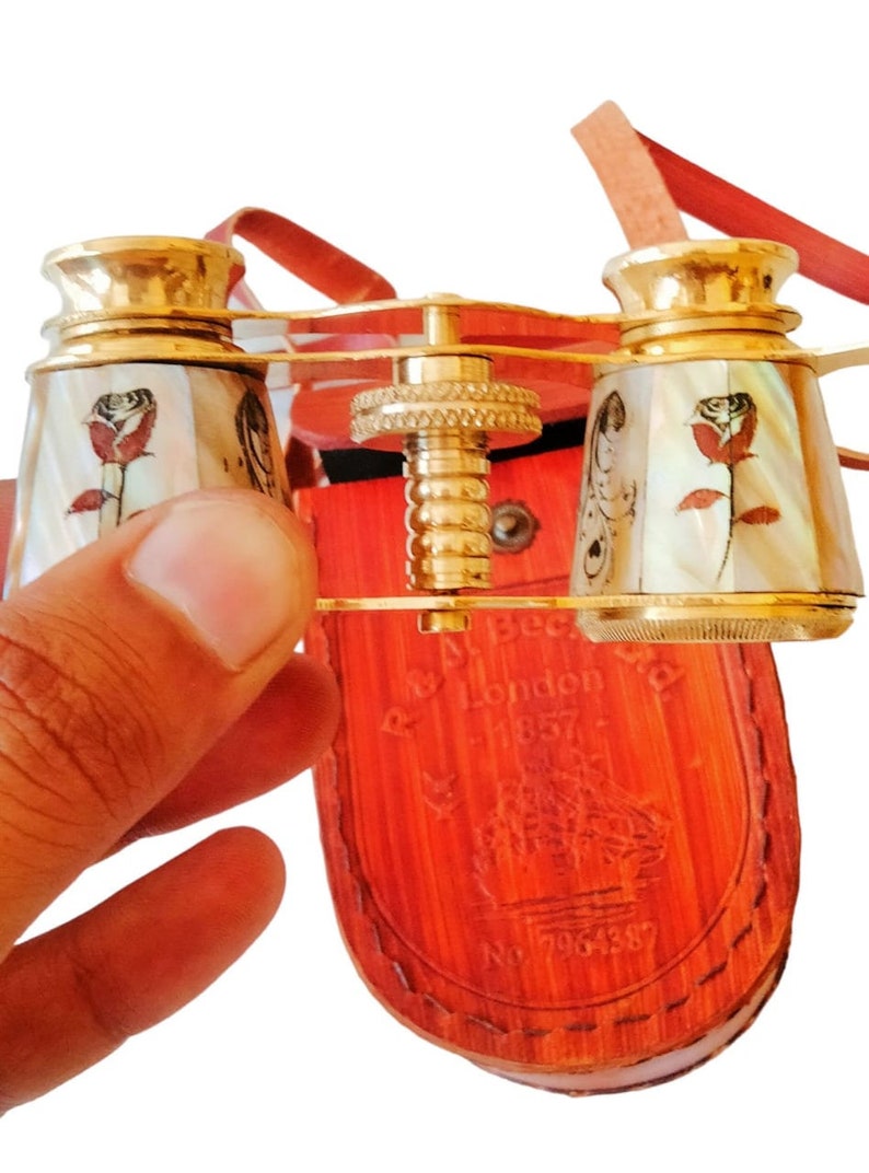 Brass Opera Glasses with Red Leather Case — Rose and Leaf Inlay view 4
