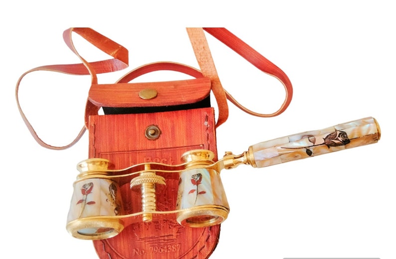 Brass Opera Glasses with Red Leather Case — Rose and Leaf Inlay view 6