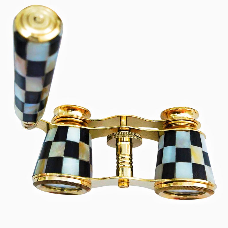 Brass Opera Glasses with Wooden Box — Black and White Mother of Pearl view 5