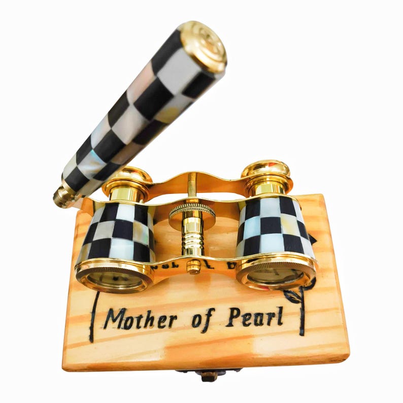 Brass Opera Glasses with Wooden Box — Black and White Mother of Pearl view 8