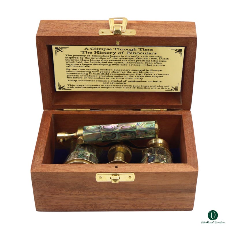 Brass Opera Glasses with Wooden Box — Abalone Inlay view 2