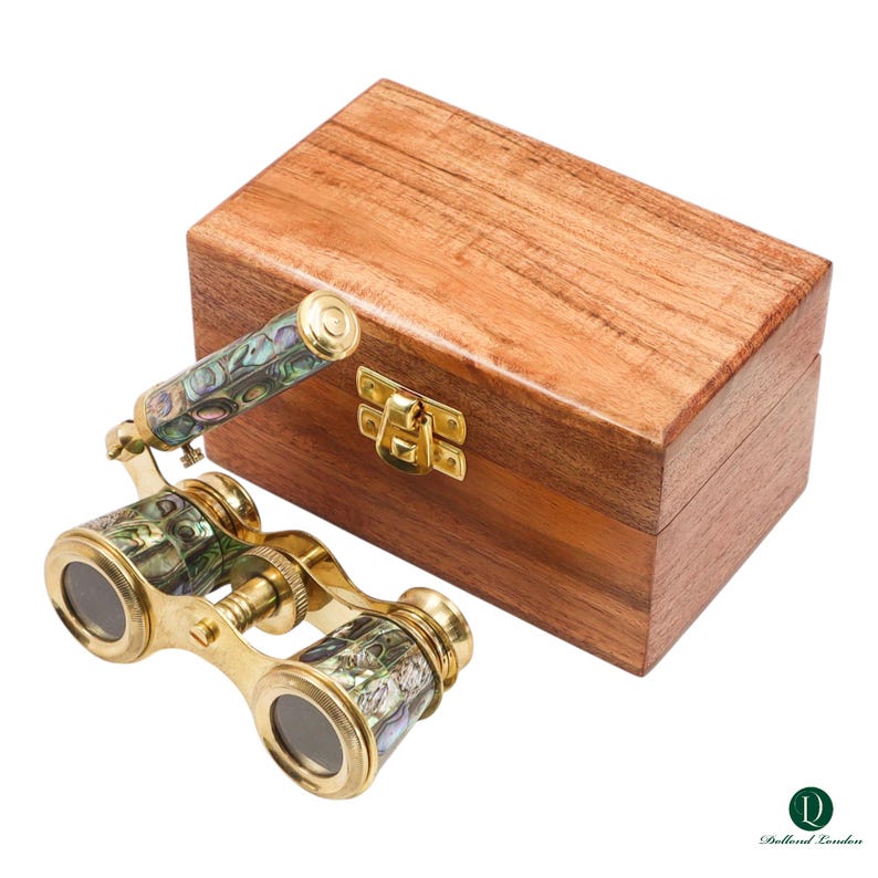 Brass Opera Glasses with Wooden Box — Abalone Inlay view 12