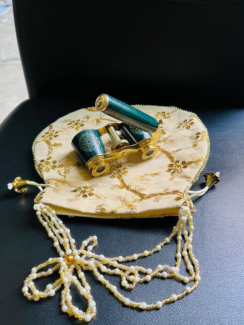 Brass Opera Glasses with Velvet Case — Dark Green Enamel view 5
