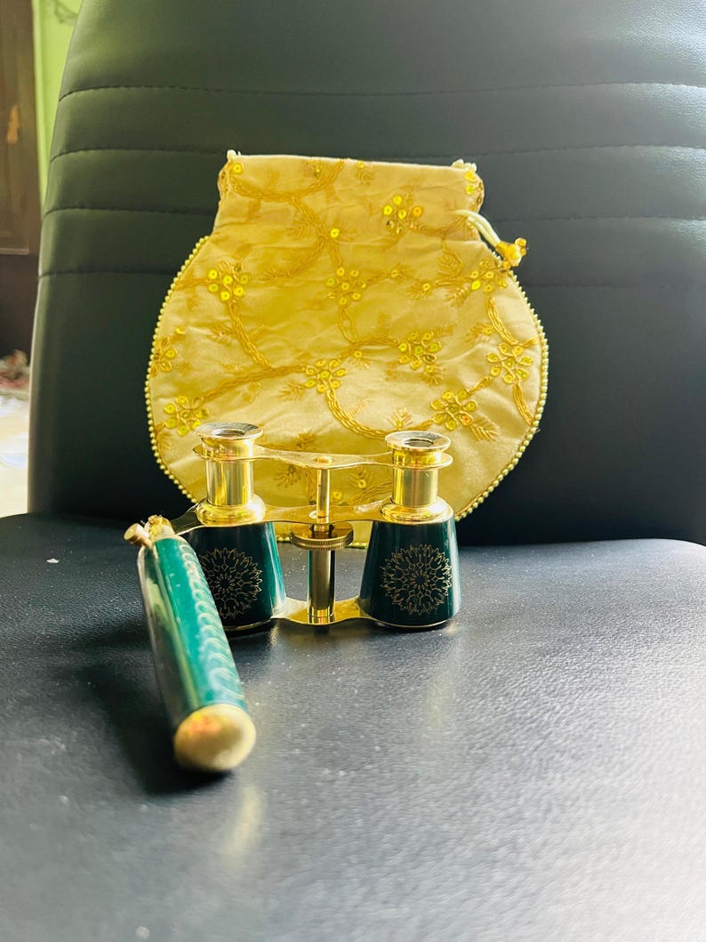 Brass Opera Glasses with Velvet Case — Dark Green Enamel view 6