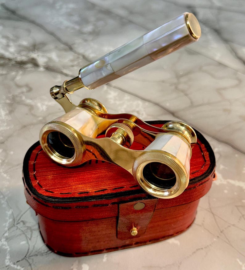 Brass Opera Glasses with Red Leather Case — Mother of Pearl view 2