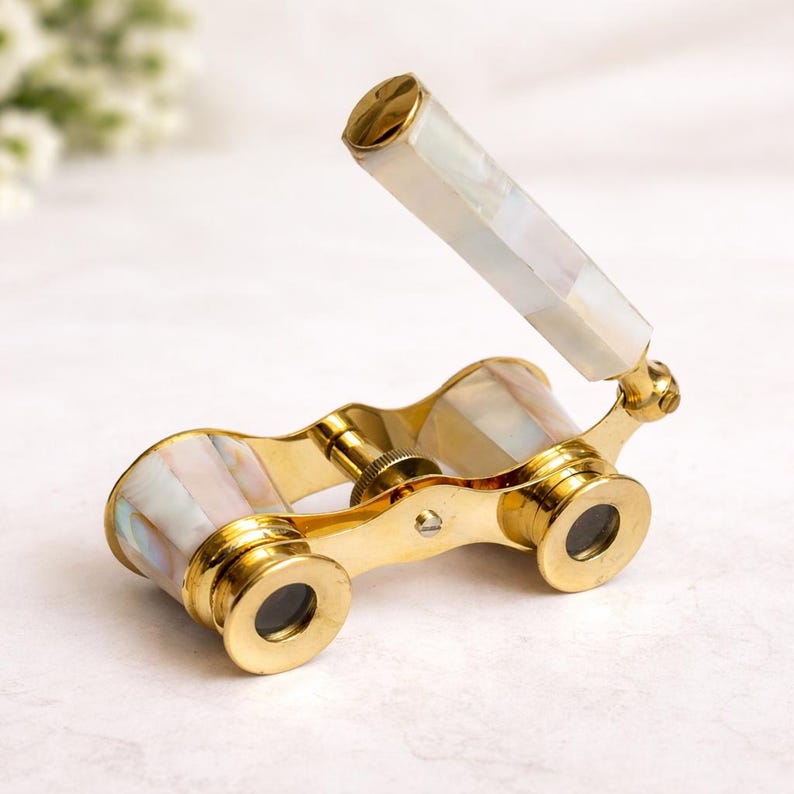 Brass Opera Glasses with Red Leather Case — Mother of Pearl view 6