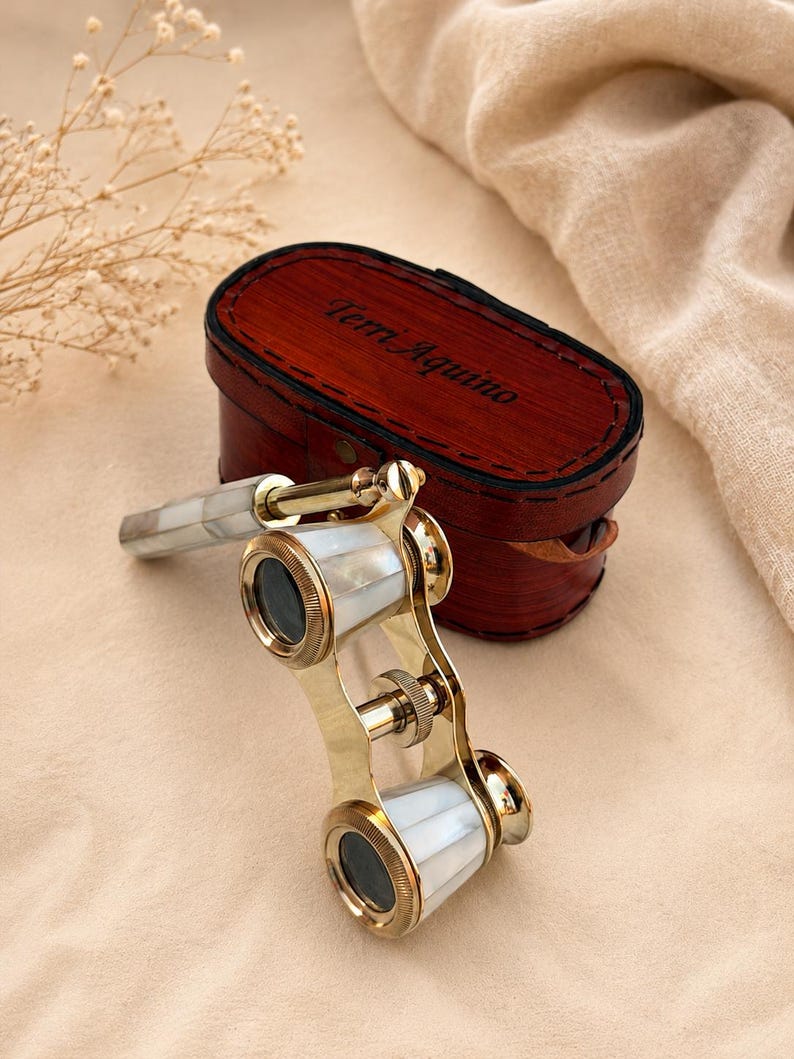 Brass Opera Glasses with Red Leather Case — Pearl Inlay Variant view 2