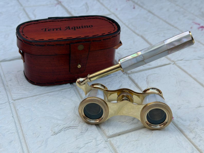 Brass Opera Glasses with Red Leather Case — Pearl Inlay Variant view 8