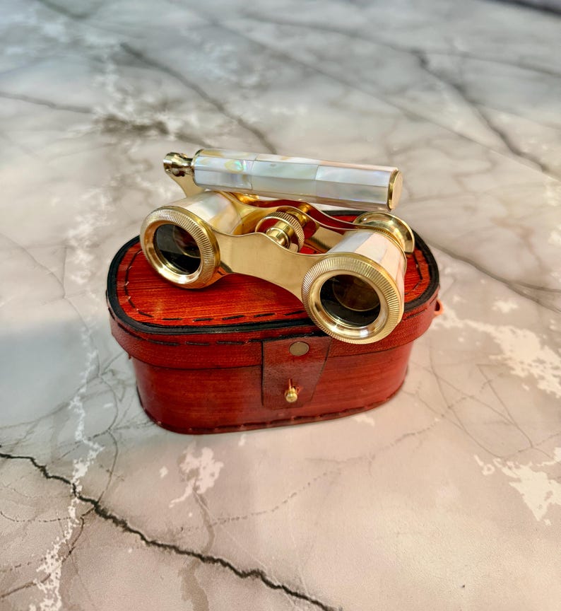 Brass Opera Glasses with Red Leather Case — Pearl Inlay Variant view 9