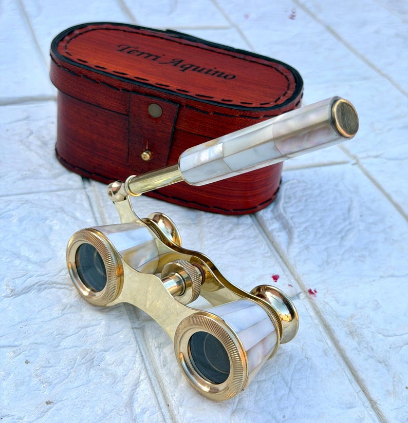 Brass Opera Glasses with Red Leather Case — Pearl Inlay Variant view 10