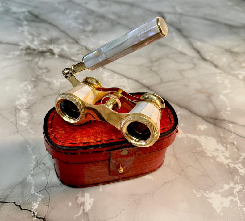 Brass Opera Glasses with Red Leather Case — Pearl Inlay Variant view 11