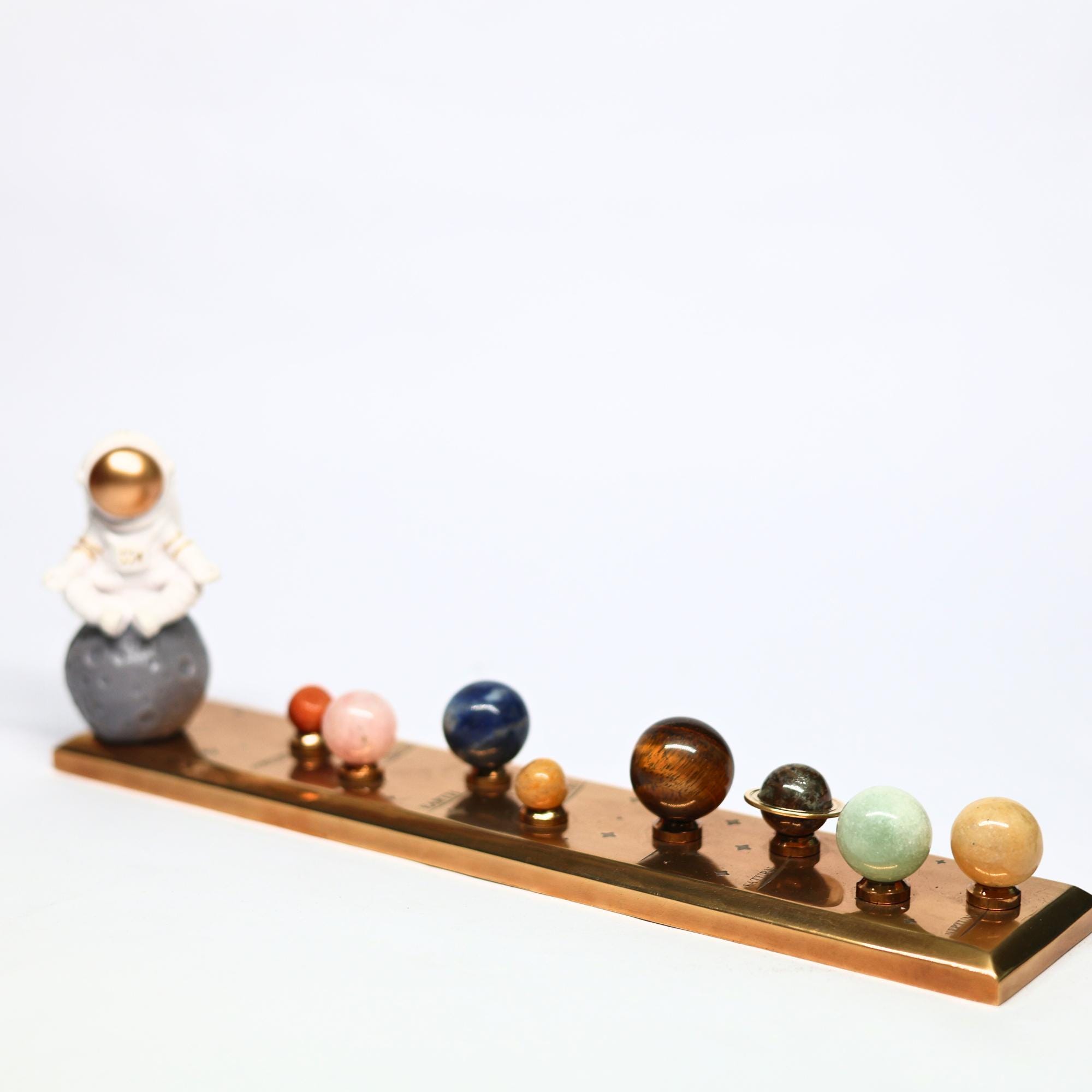Solar System Stones Desk Model with Astronaut, All Planets Crafted from Semi-Precious Stones and Solid Brass Base and Stands view 2