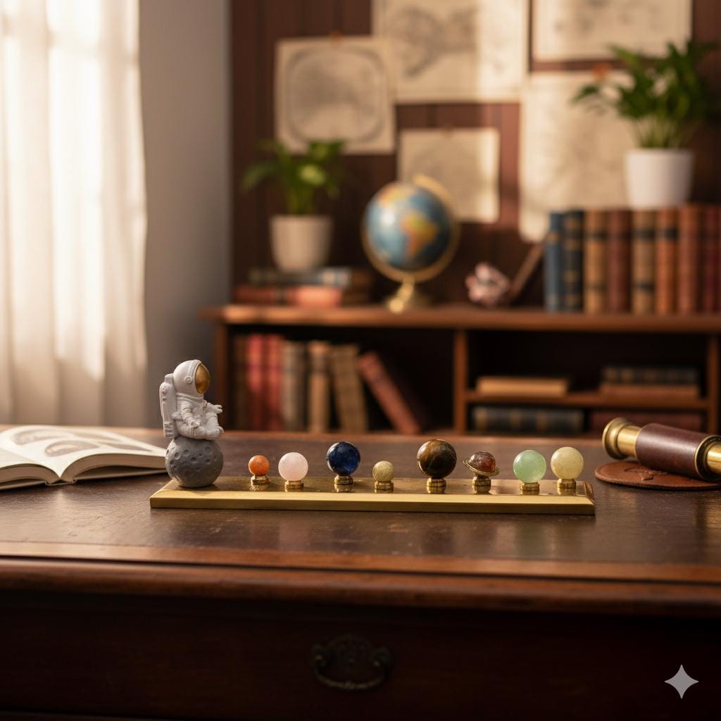 Solar System Stones Desk Model with Astronaut, All Planets Crafted from Semi-Precious Stones and Solid Brass Base and Stands view 4