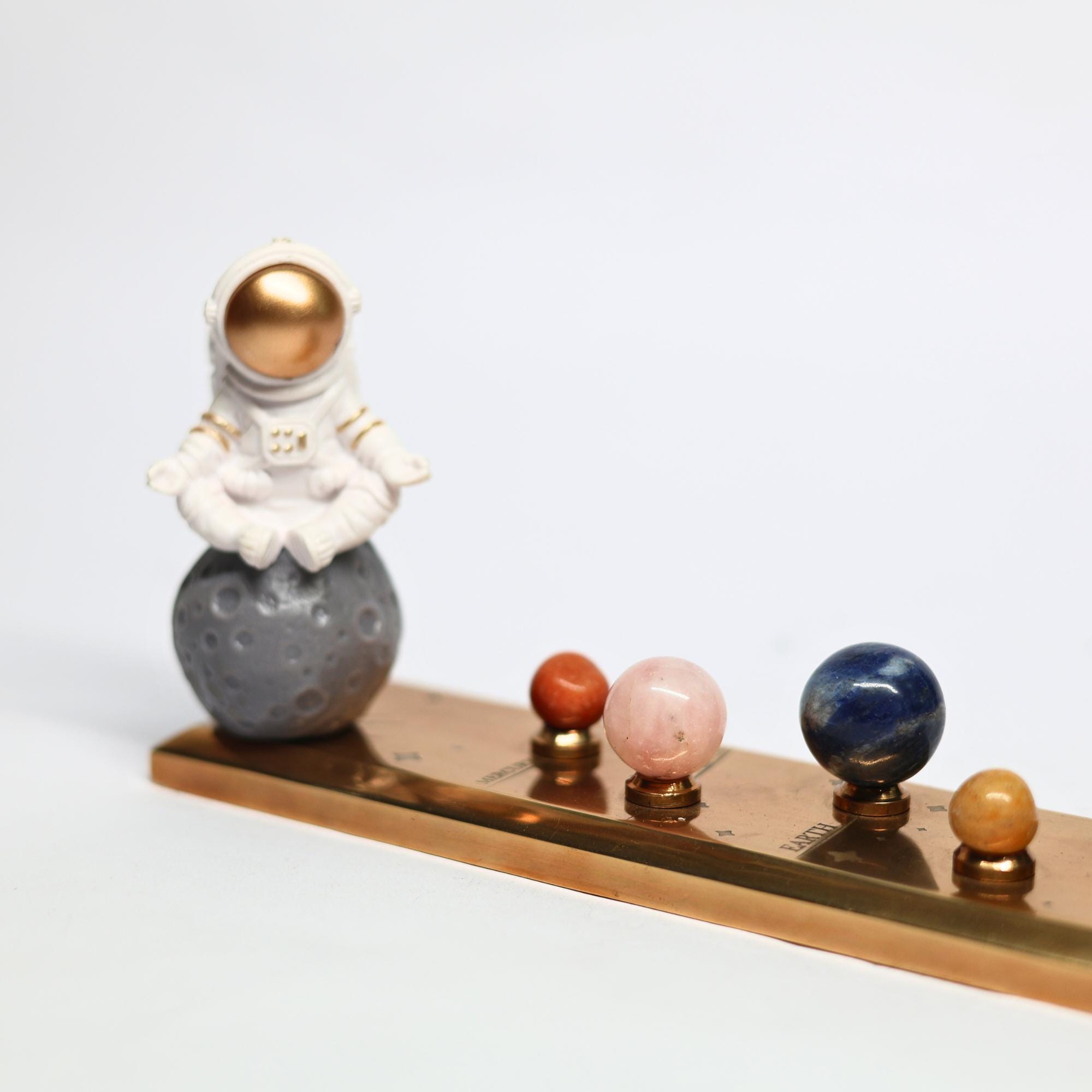 Solar System Stones Desk Model with Astronaut, All Planets Crafted from Semi-Precious Stones and Solid Brass Base and Stands view 5